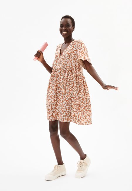 Robe courte marron fleurie en lenzing - aaino straw flower