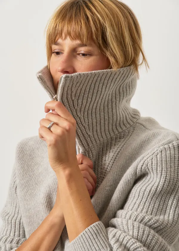 Pull zippé col en laine mérinos | gris "Grey tanit knitted sweater - grey", Thinking Mu