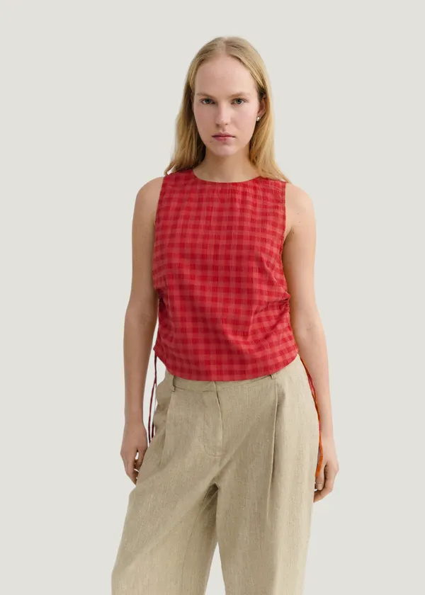 Top seersucker en coton bio | rouge "red checks seersucker florence top", Thinking Mu