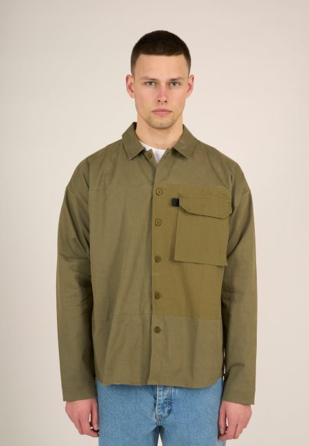 Surchemise à poche kaki en twill coton bio - outdoor twill overshirt with contrast fabric  burned olive