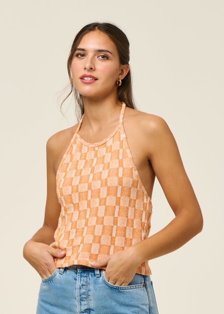 Top dos nu éponge en coton bio | orange "passage - jacquard carreaux" - Graine