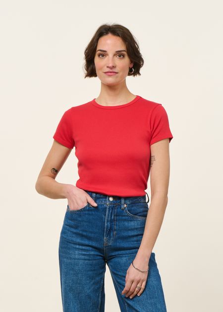 T-shirt manches courtes côtelé en coton bio | rouge