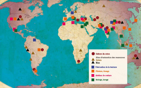 Les différentes étapes de la fabrication d'un jean dans le monde | © ADEME, Carnet de vie d'un jean, octobre 2014