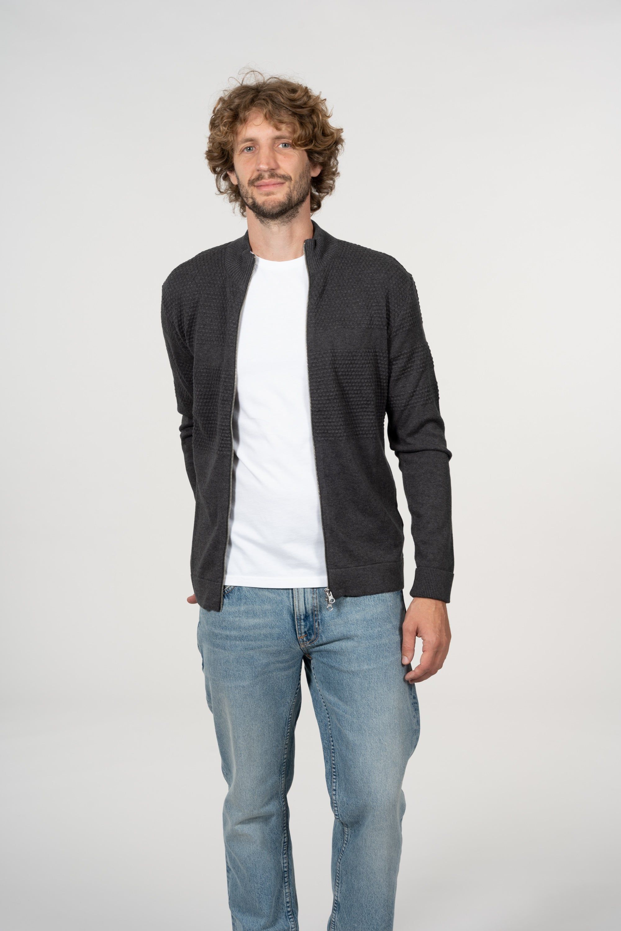 Gilet zippé gris en coton bio - field dark grey melange, Knowledge Cotton Apparel, photo 1