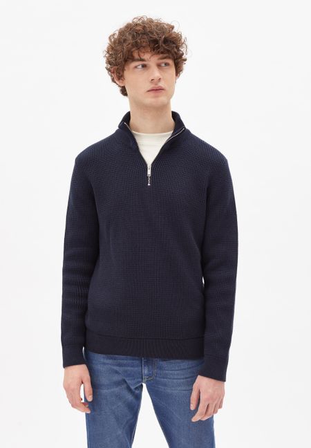 Pull col zippé marine en coton bio - haabo depth navy
