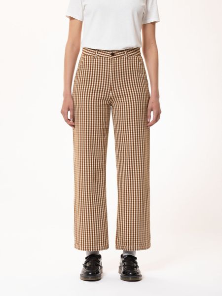 Pantalon vichy marron et blanc en coton bio - willa pants gingham oak