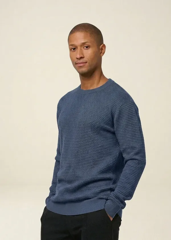 Pull en coton bio | bleu "vagn regular bubble knit crew neck - vintage indigo", Knowledge Cotton Apparel