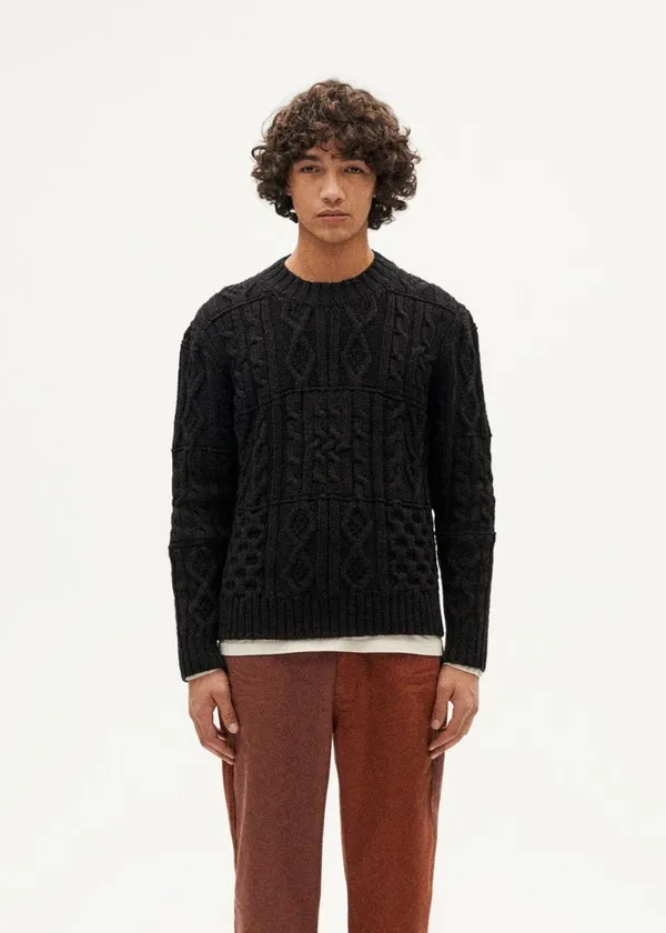 Pull uni texturé en laine mérinos certifiée | bleu gris "blue grey rasta knitted sweater - blue", Thinking Mu