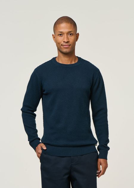 Pull en coton bio | marine "vagn regular bubble knit crew neck total eclipse" - Knowledge Cotton Apparel