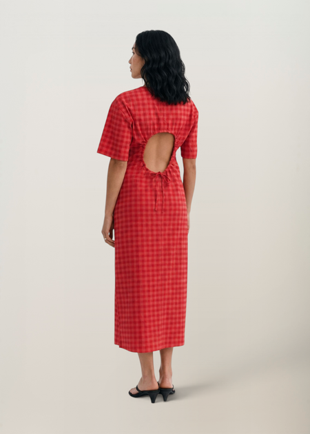 Robe longue seersucker en coton bio | rouge "red checks seersucker kina dress - red" , Thinking Mu, photo 3