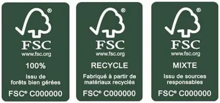Les 3 logos correspondants aux différents types de certification FSC.