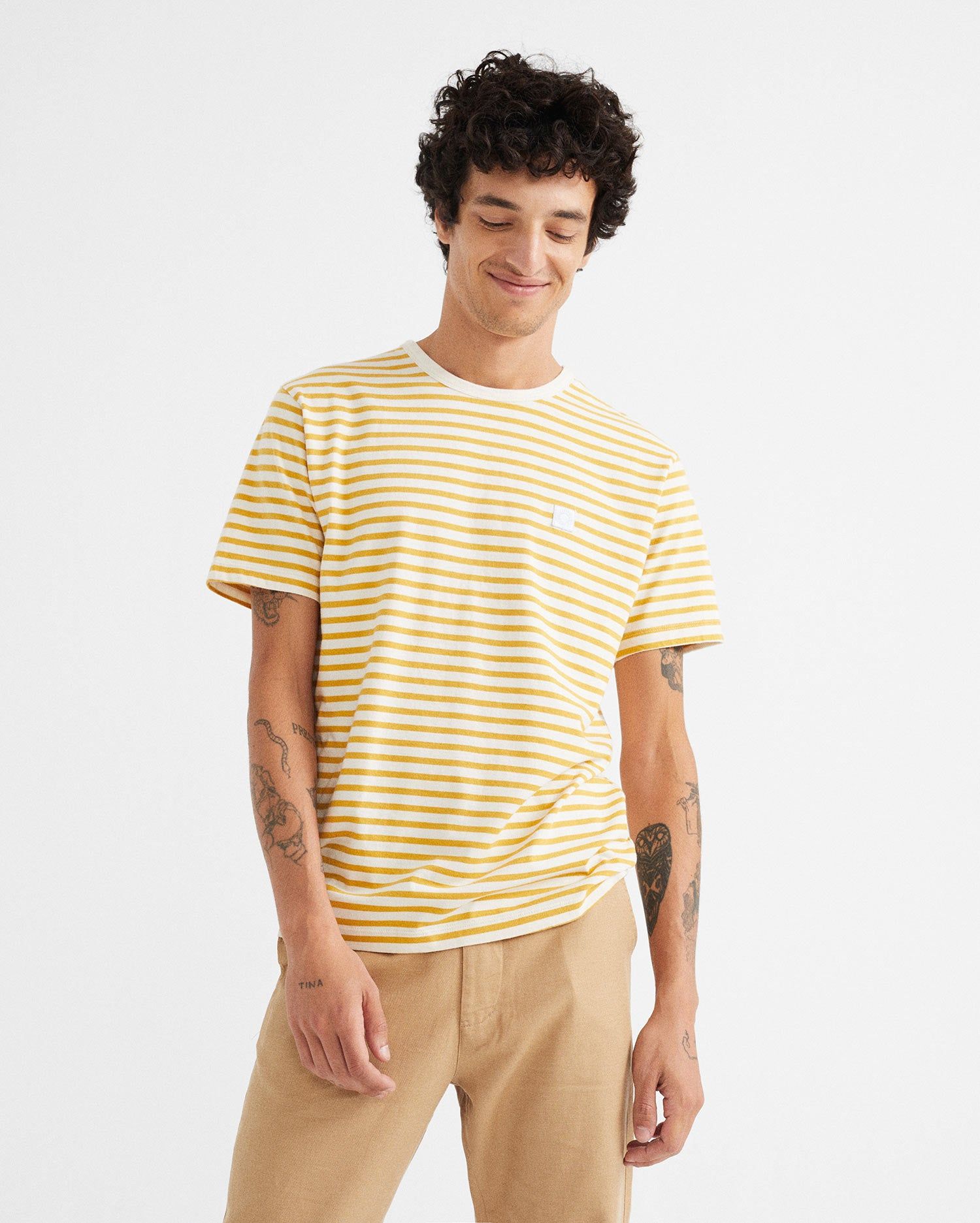 T-shirt rayé jaune moutarde en coton bio, Thinking Mu, photo 3