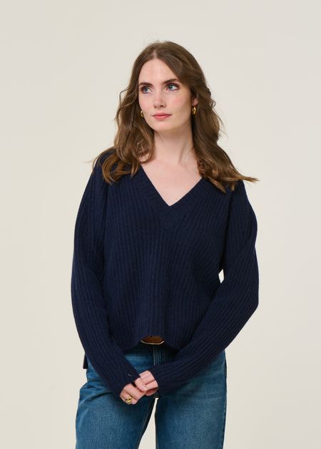 Pull col v en laine recyclée | bleu "manon - blu mora" - Rifò