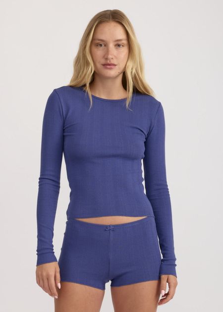 Top de pyjama en coton bio | bleu "pointelle long sleeve tee - eclipse"