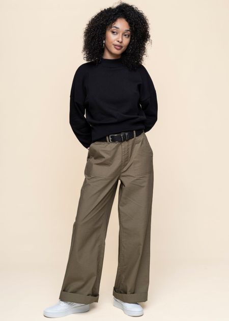 Pantalon ample en coton bio | vert "posey mid-rise wide slub yarn cropped pants burned olive"