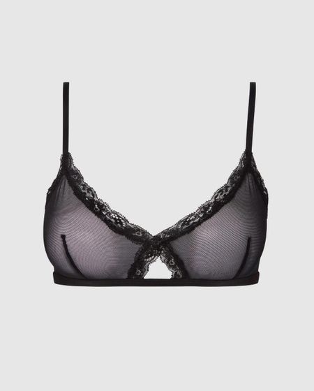 Soutien gorge triangle en matières recyclées | noir "mesh lace trim triangle bralette - black" - Understatement