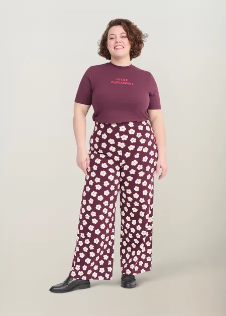 Pantalon ample molleton en coton bio | bordeaux "pauline - merlot flowers", émoi émoi