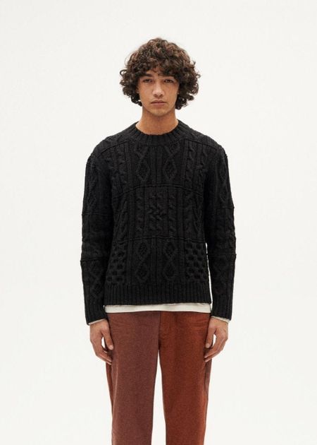 Pull uni texturé en laine mérinos certifiée | bleu gris "blue grey rasta knitted sweater - blue" - Thinking Mu