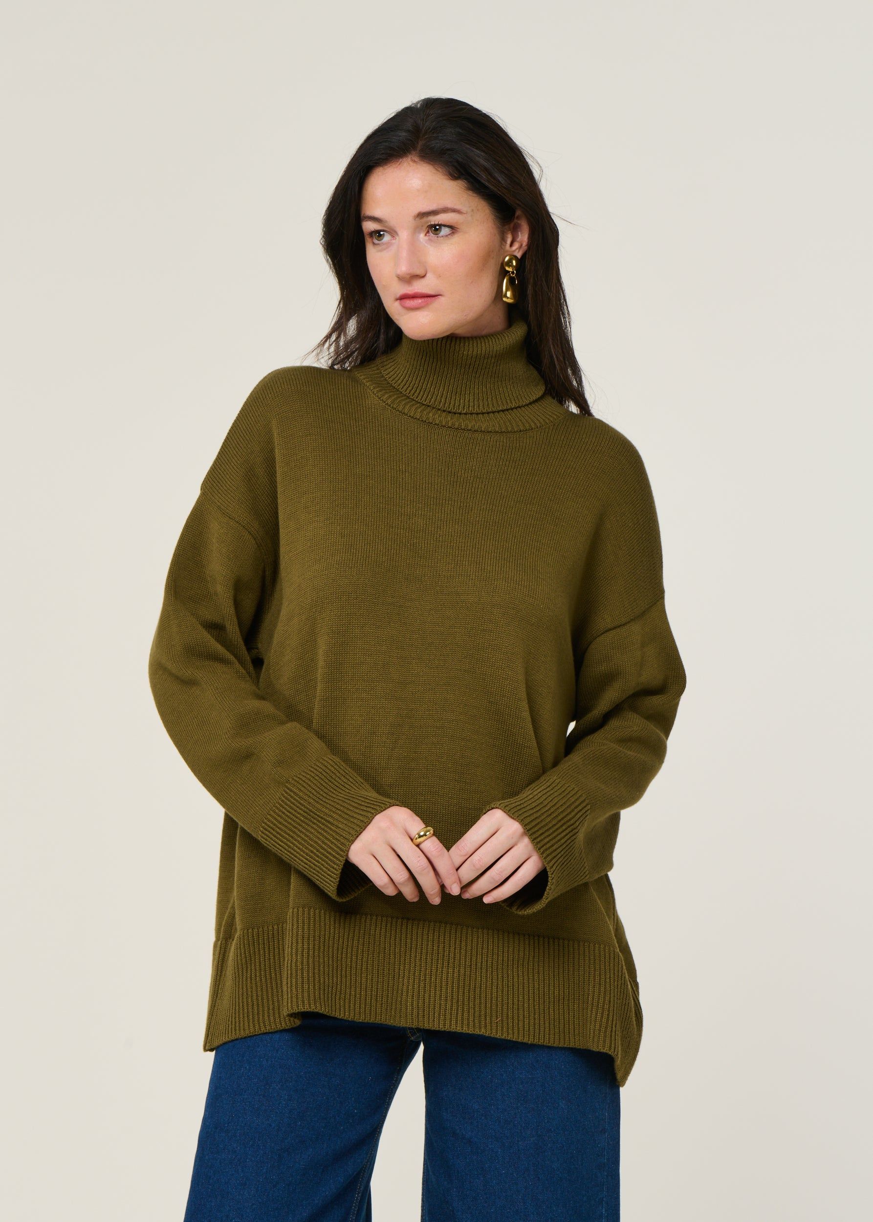 Pull col roulé en coton bio | vert "mua - woody olive", Jan'n June, photo 1