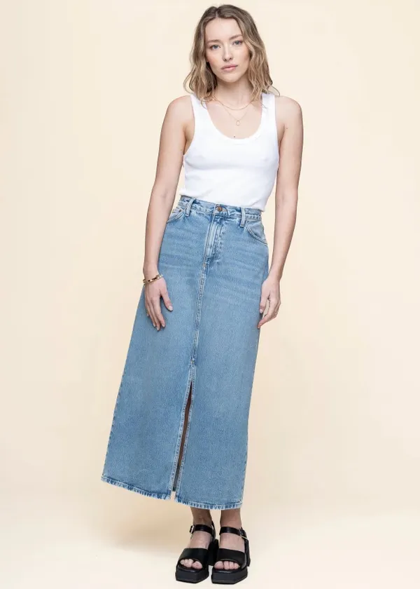Jupe longue jean en coton bio | bleu "anna denim skirt desert - light blue", Nudie Jeans