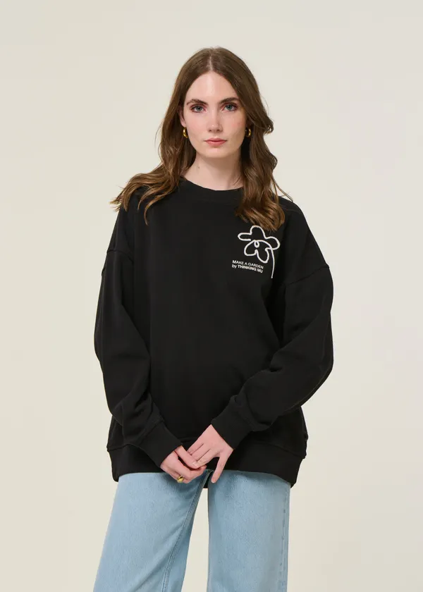 Sweatshirt oversize brodé en coton bio | noir "flower rope black jimena sweatshirt - black", Thinking Mu