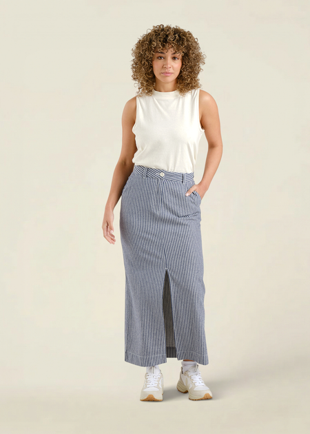 Jupe longue denim en coton bio | rayé "Skirt finsta work stripe blue" - Dedicated