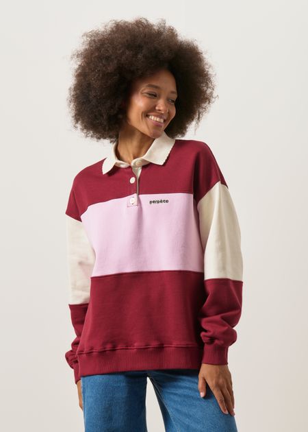 Sweat polo en coton bio | tricolore "Linda bordeaux"