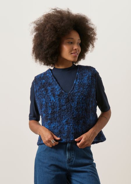 Pull sans manches en laine et coton bio | bleu "Cropped vest - blue marled" - Rotholz
