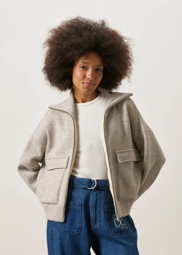 Veste en laine et coton bio | gris "cotton-wool knit jacket - dark honey melange", Armedangels