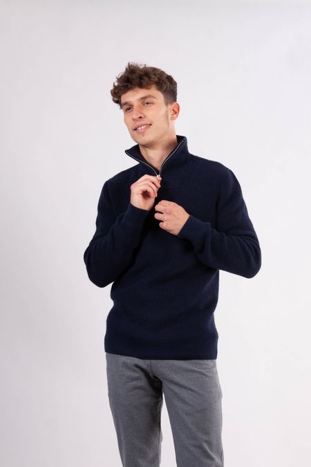 Pull col zippé marine en coton et laine bio - valley