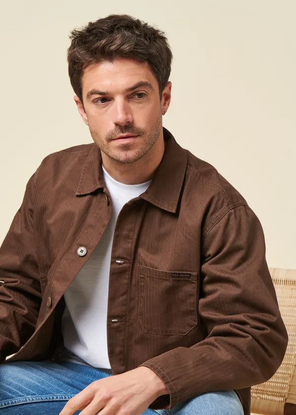 Veste en coton bio | marron "buddy herringbone chore jacket - walnut", Nudie Jeans