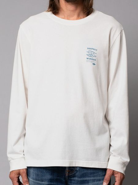 T-shirt manches longues blanc imprimé en coton bio - rudi blueprint chalk white