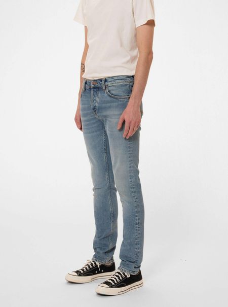 Jean slim en coton bio | bleu clair délavé "grim tim blue smoke"