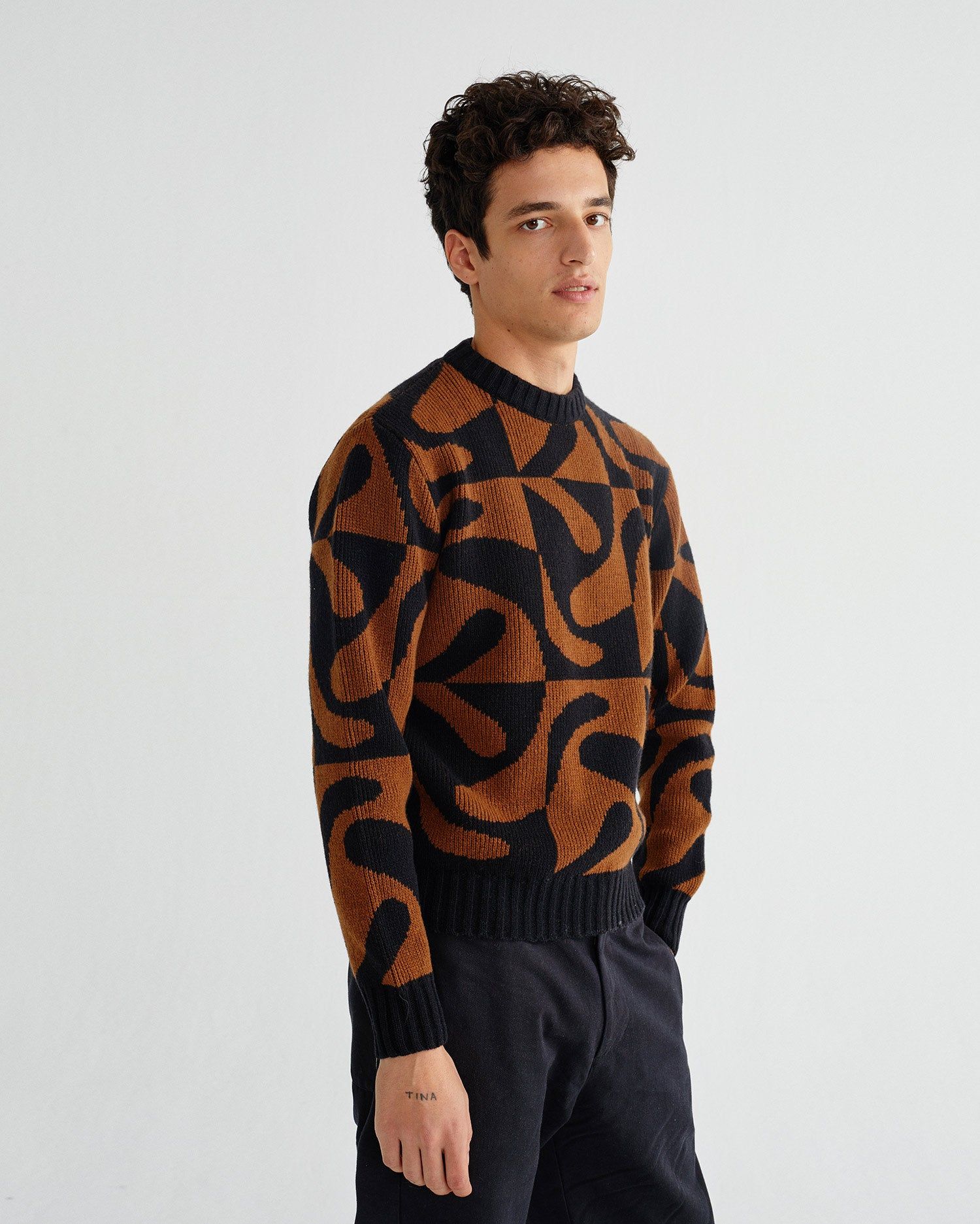 Pull motifs marron et noir en laine - khem, Thinking Mu, photo 2