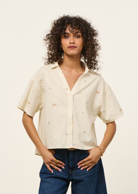 Blouse en lin et coton bio | écru "beach please cropped blouse ecru" - Brava Fabrics