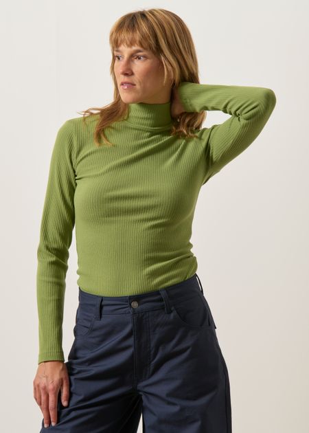Sous-pull col montant en coton bio | vert "Green rib aine top - green" - Thinking Mu