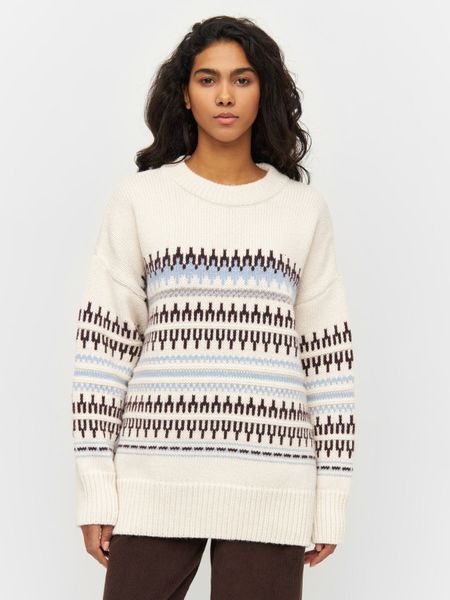 Pull en laine certifiée | blanc à motifs "wool pattern boxy white stripe" - Knowledge Cotton Apparel