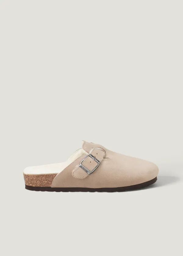 Sabots fourrés en cuir certifié | marron "riva velour wool taupe", Genuins