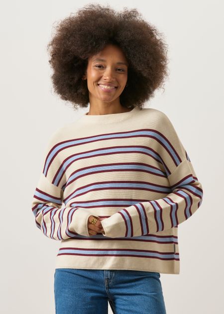 Pull tricot en coton bio | rayé "Merinaa striped knit sweater - oatmilk-velvet red-soft blue" - Armedangels