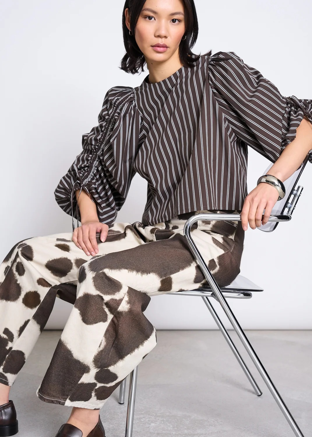Blouse manches bouffantes en coton bio | rayé marron "Nibs - mud striped", Jan'n June, photo 5