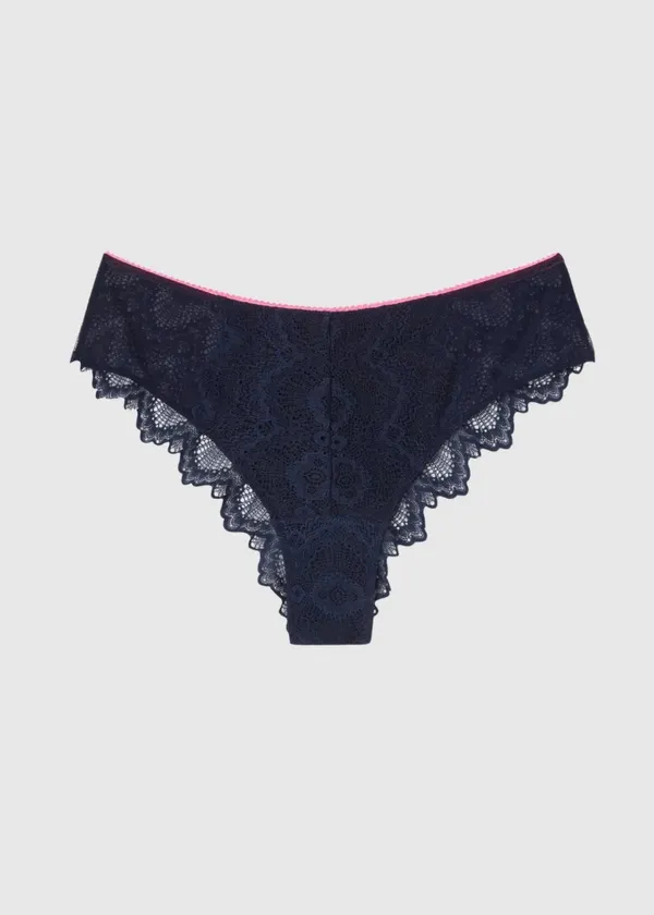 Culotte dentelle en matières recyclées | marine "lace cheeky - navy/neon pink", Understatement