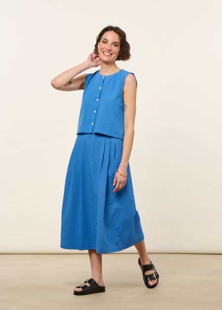 Jupe longue en coton bio et matières recyclées | bleu "checks midi skirt blue" - Brava Fabrics
