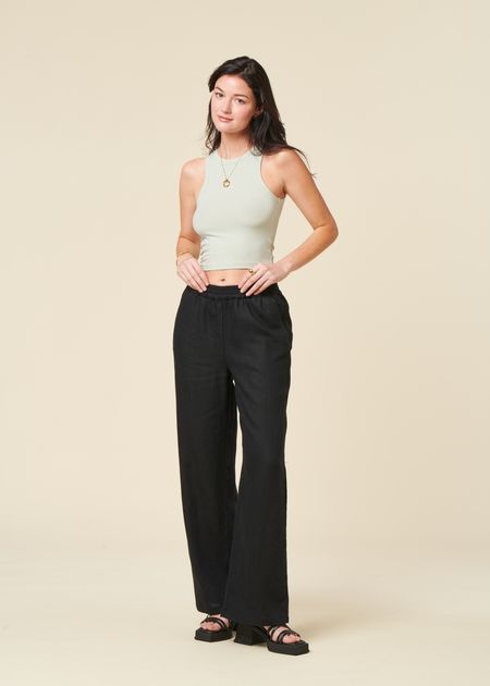 Pantalon ample en lin biologique | noir "posey wide mid-rise linen pants jet", Knowledge Cotton Apparel, photo 4
