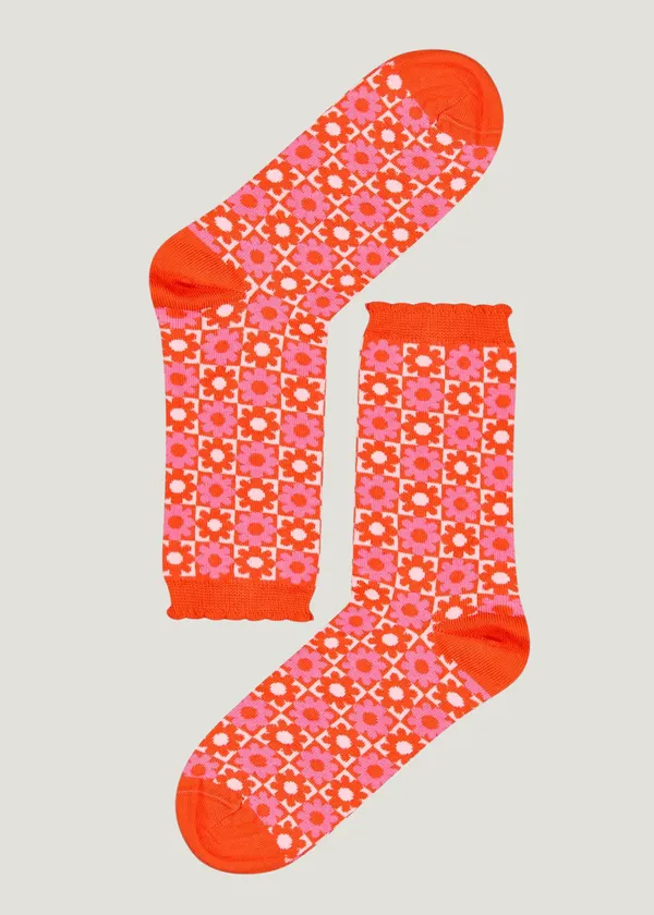 Chaussettes coton bio | rouge "damier fleur", We Are Jolies