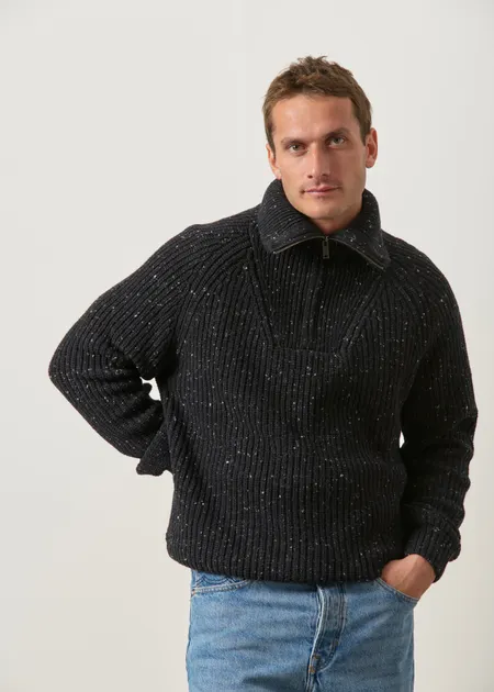 Pull col zippé en coton bio et en laine recyclée | noir "Tweed knit troyer - black", Armedangels