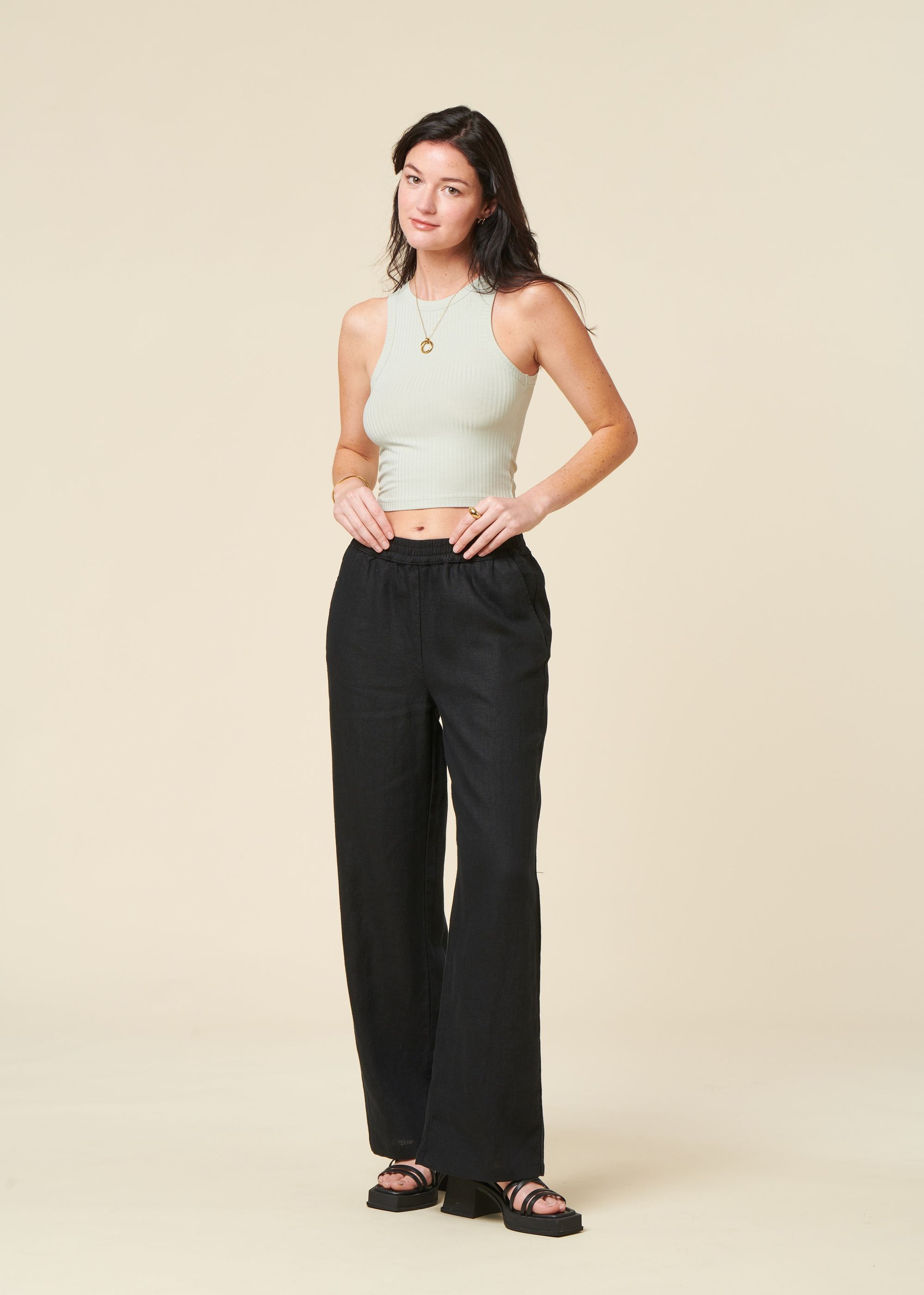 Pantalon ample en lin biologique | noir "posey wide mid-rise linen pants jet", Knowledge Cotton Apparel, photo 4