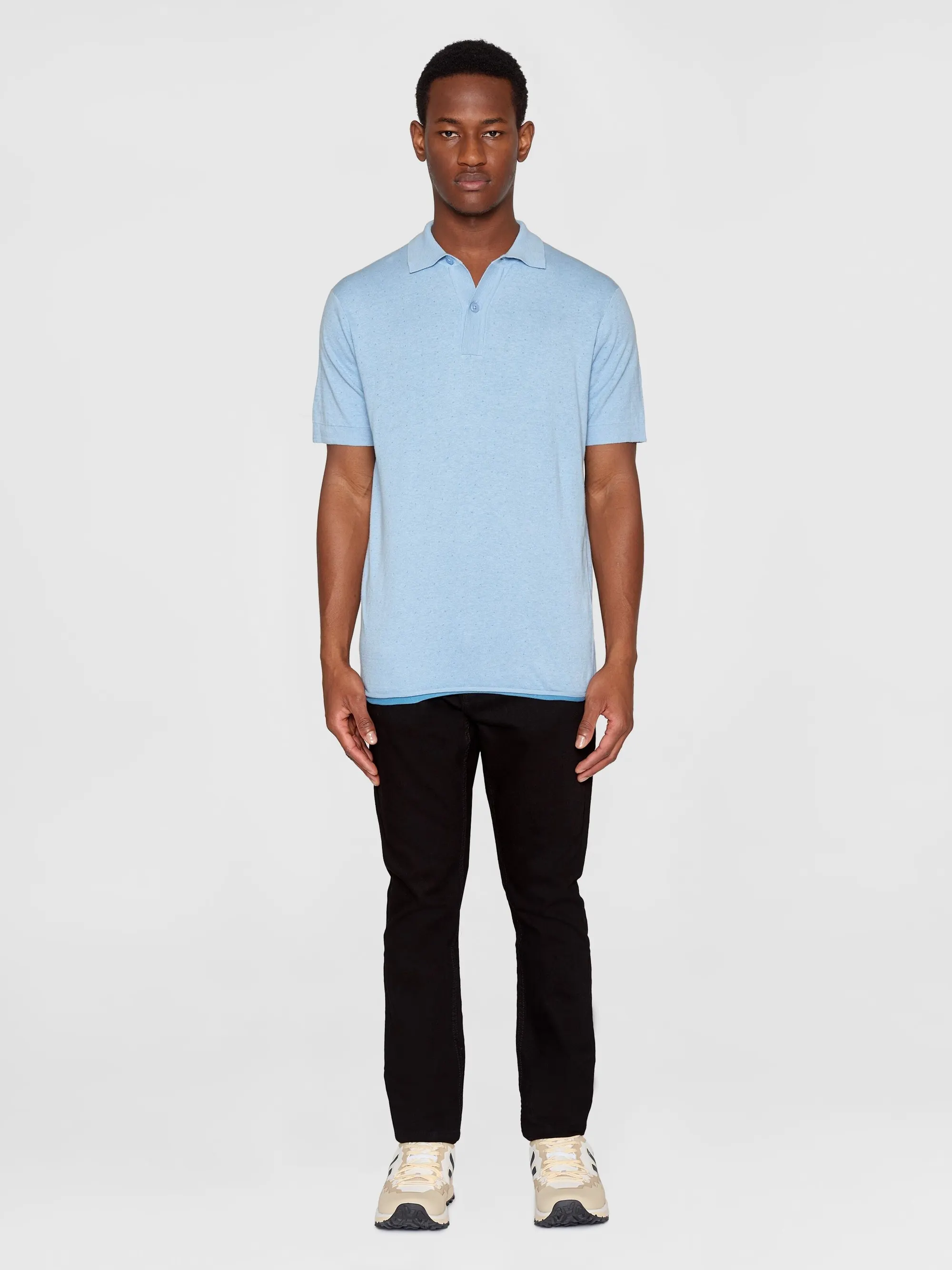 Polo en coton bio et en laine | bleu "regular double layer knitted polo dusk blue", Knowledge Cotton Apparel, photo 4