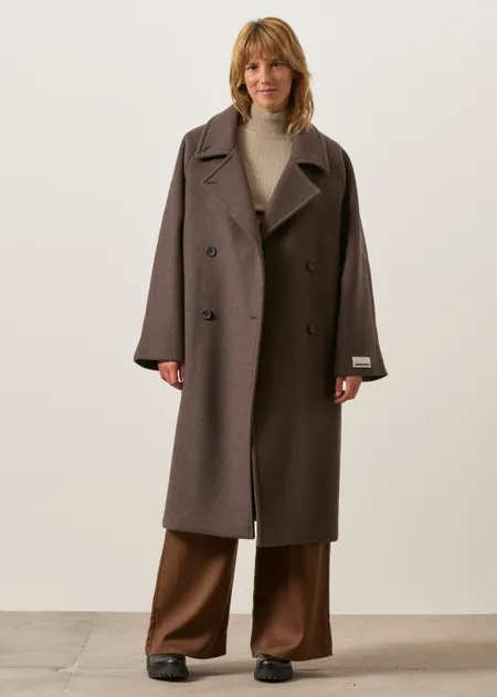 Langer Mantel aus recycelter Wolle | Braun "Wool double-breasted coat - claystone-melange", Armedangels