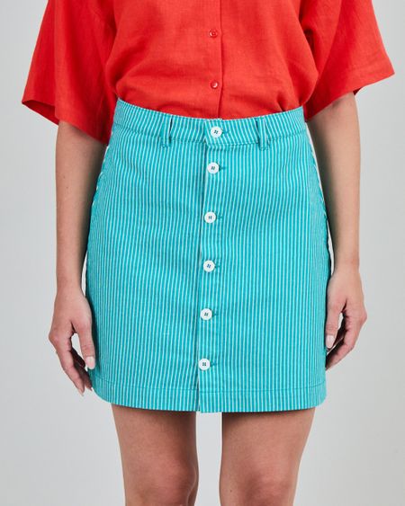 Jupe courte en coton bio et matières recyclées | turquoise "denim stripes mini skirt" - Brava Fabrics