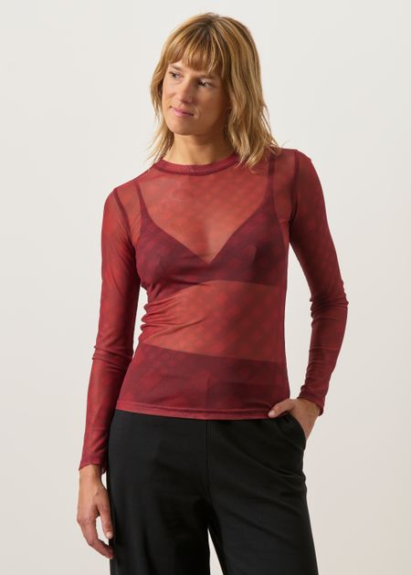 Top manches longues transparent en matières recyclées | rouge "Noir print red tere top - red" - Thinking Mu